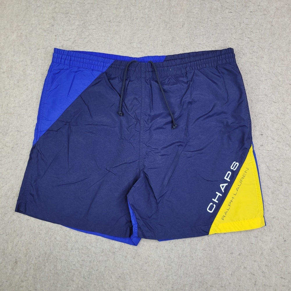 Vintage Chaps Ralph Lauren‎ Swimming Trunks Mens M Blue Yellow Lined Drawstring